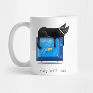 Cartoon black cat with a TV and a fish on the screen and the inscription "Play with me". Mug